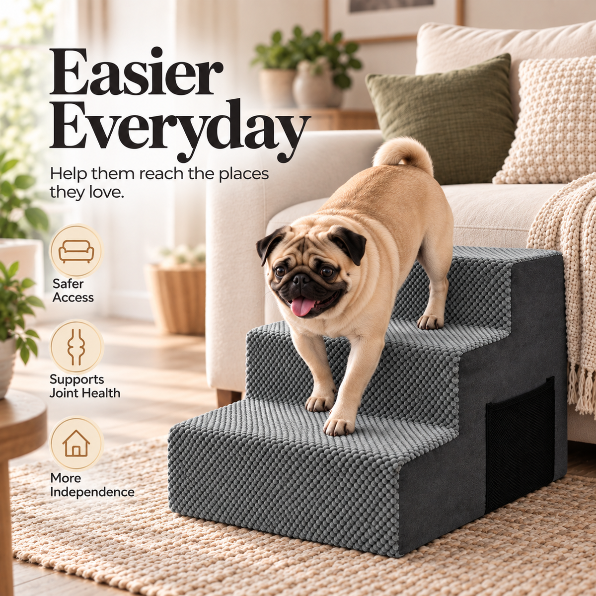 Mate & Hound StepUp™ Foam Pet Stairs – 3-step foam dog stairs for reaching beds and couches